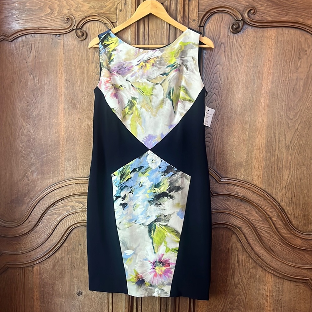 Theia Sleeveless Floral Watercolor Printed Jacquard Sheath Dress